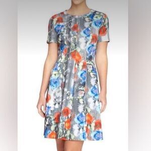 Catherine Malandrino Vondie Print Scuba Fit Flare Dress Pleated Floral 10